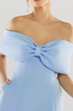 Bow Off The Shoulder A Line Midi Dress - Baby Blue by Goddiva