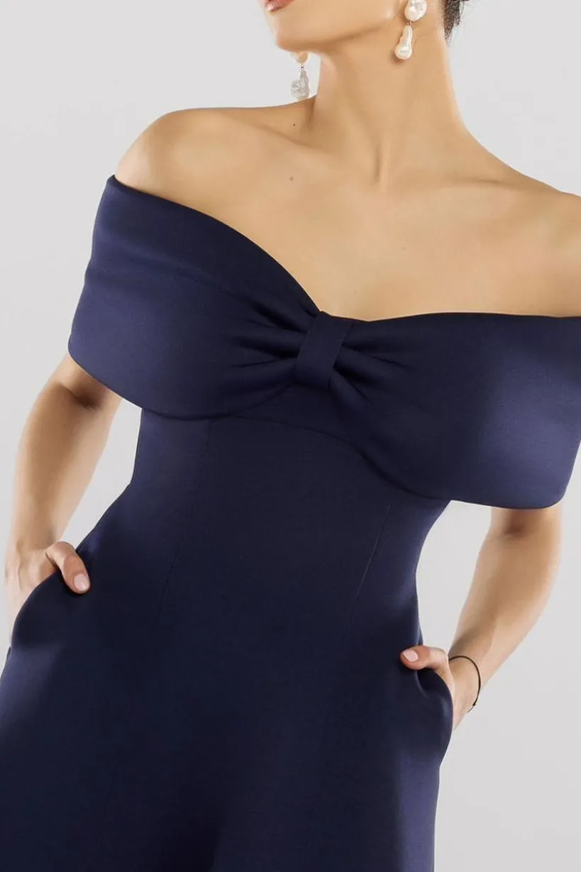 Bow Off The Shoulder A Line Midi Dress - Navy Blue by Goddiva