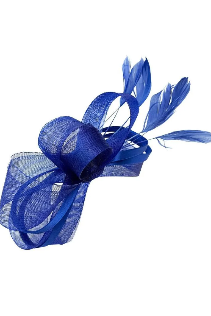 Bow Shaped Fascinator With Satin Loops & Feathers In Royal Blue by SVNX