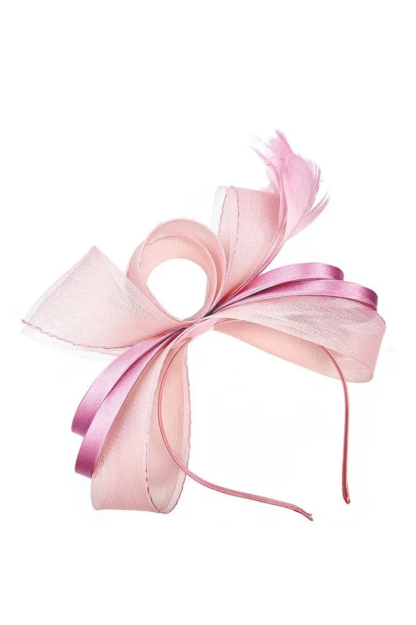 Bow Shaped Fascinator With Satin Loops & Feathers In Pink by SVNX