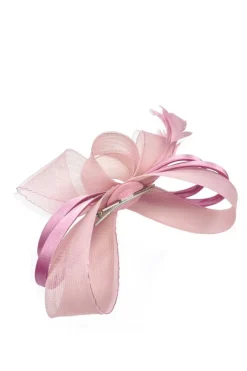 Bow Shaped Fascinator With Satin Loops & Feathers In Pink by SVNX