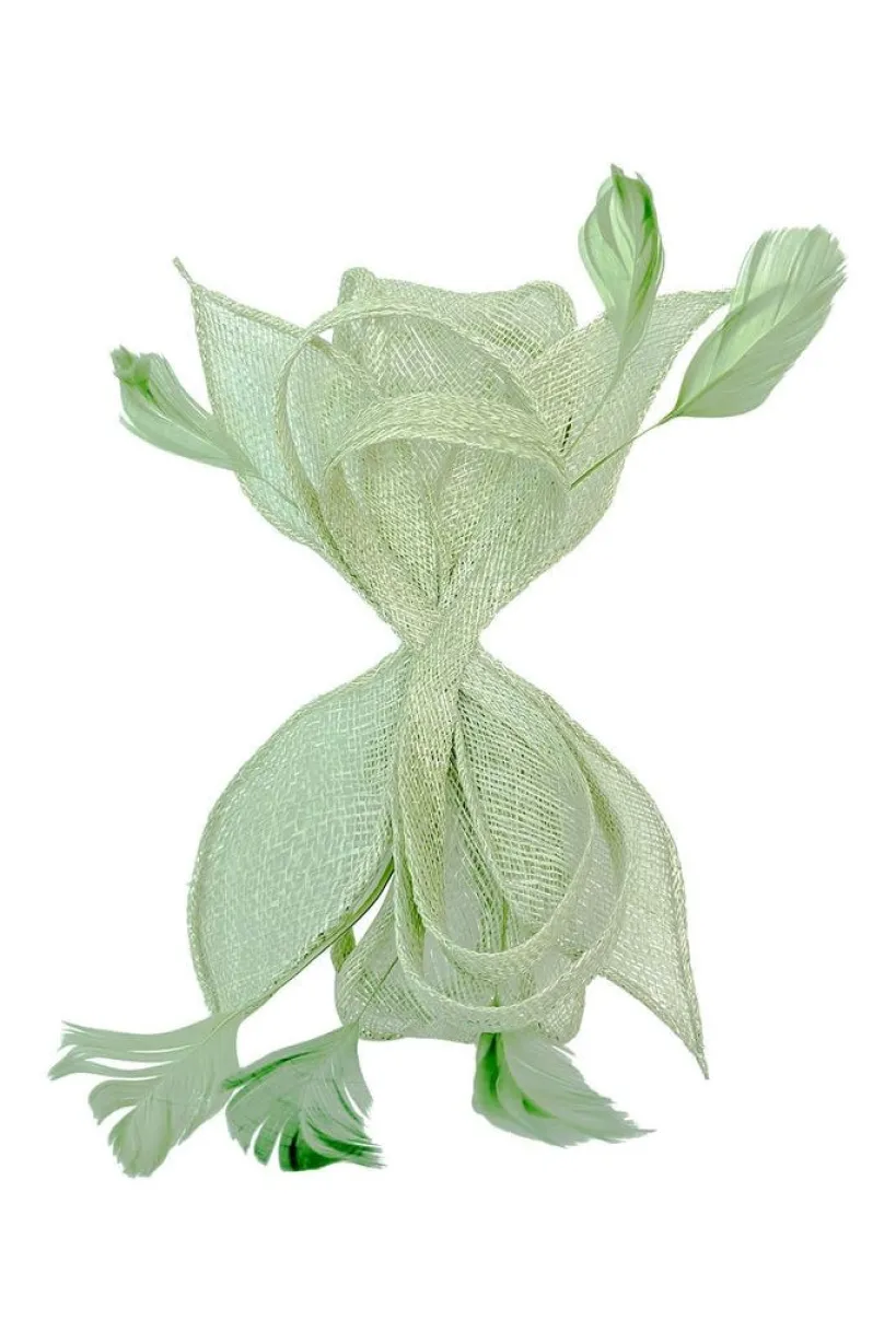 Bow Shaped Fascinator With Sinamay Curls & Feathers In Pastel Green by SVNX