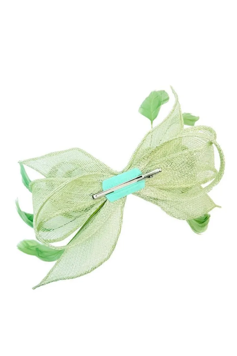 Bow Shaped Fascinator With Sinamay Curls & Feathers In Pastel Green by SVNX