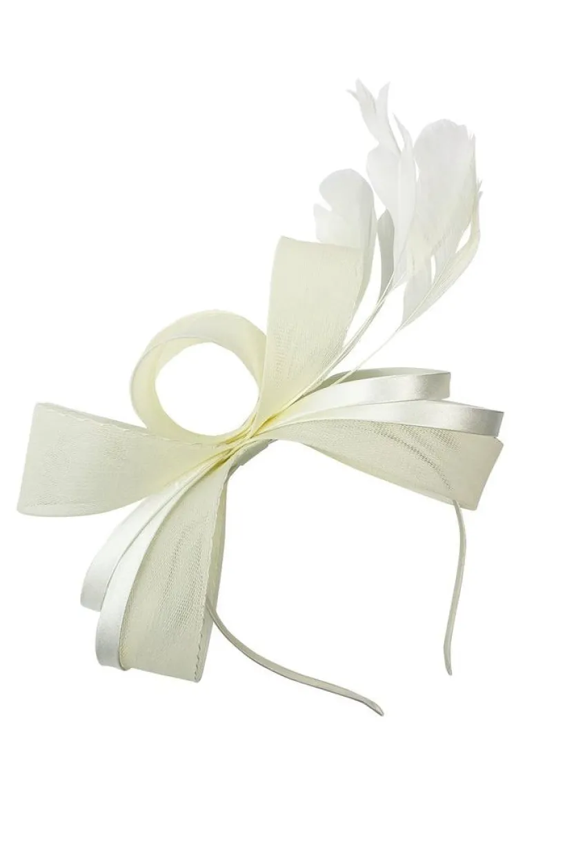 Bow Shaped Fascinator With Satin Loops & Feathers In Cream by SVNX