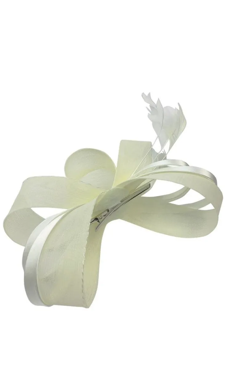 Bow Shaped Fascinator With Satin Loops & Feathers In Cream by SVNX