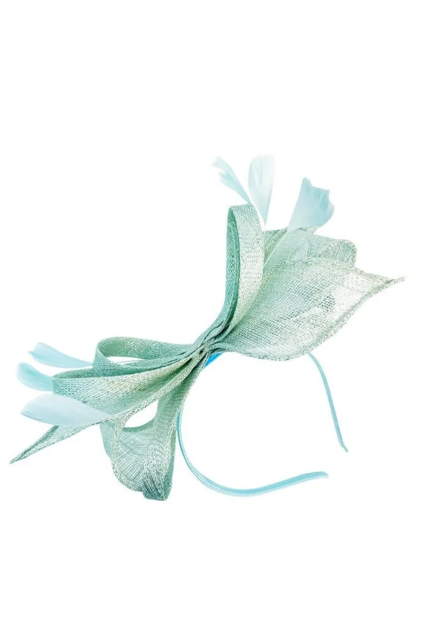 Bow Shaped Fascinator With Sinamay Curls & Feathers In Mint Blue by SVNX