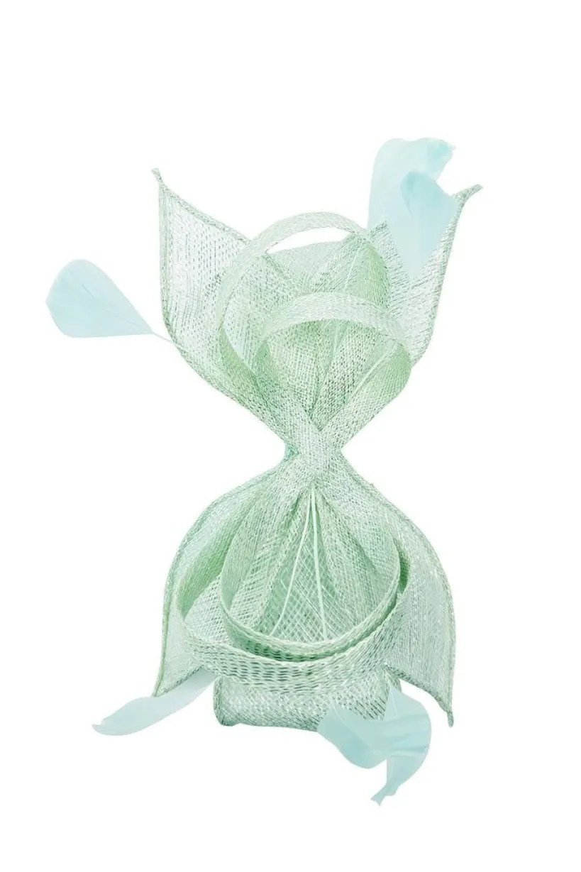 Bow Shaped Fascinator With Sinamay Curls & Feathers In Mint Blue by SVNX