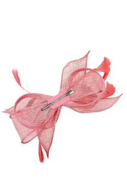 Bow Shaped Fascinator With Sinamay Curls & Feathers In Pink by SVNX