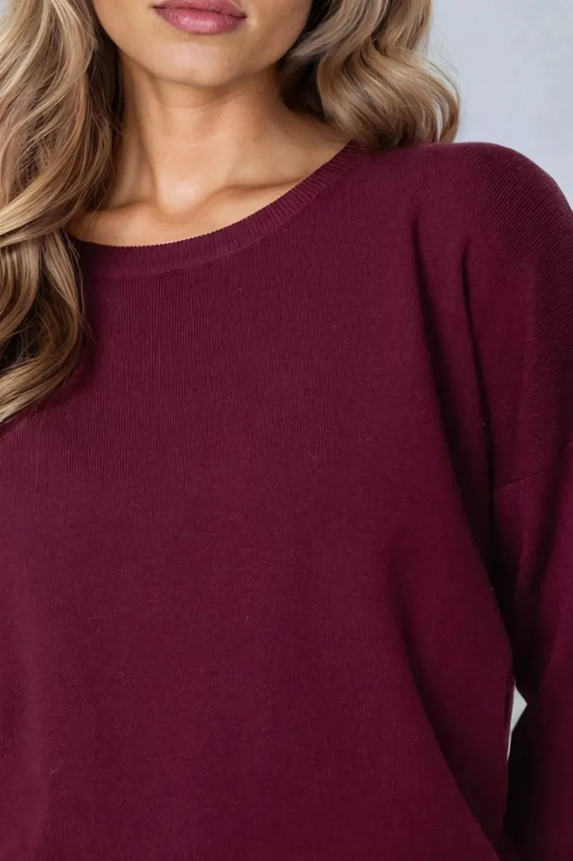 Burgundy Crew Neck Fine Knit Jumper by Aftershock London