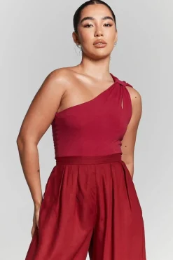 Burgundy One Shoulder Knot Bodysuit by InFlair