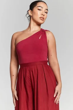 Burgundy One Shoulder Knot Bodysuit by InFlair