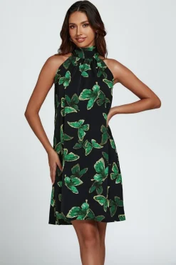 Butterfly Print Halter Neck Tie Back Mini Dress In Green by FS Collection