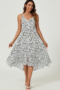 Button Down High Low Strappy Dress In White by FS Collection