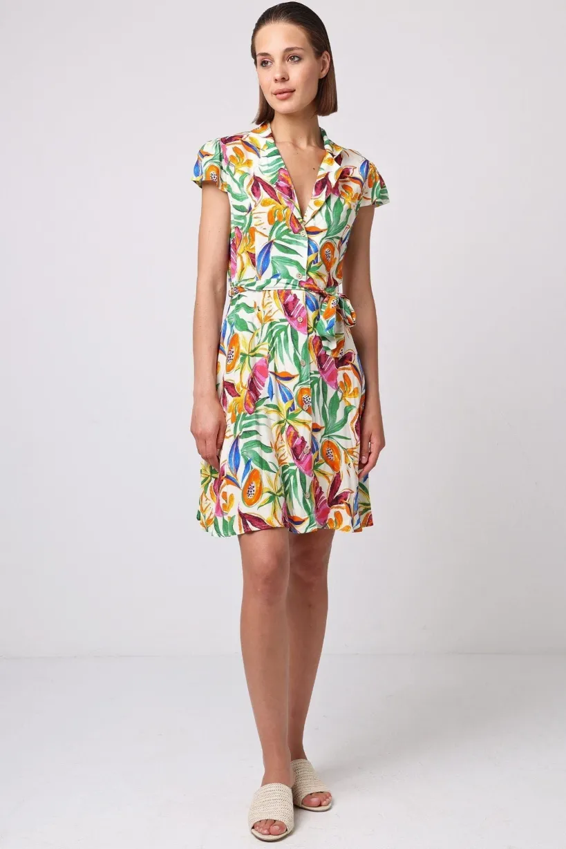 Buttoned Mini Shirt Dress With Cap Sleeves In Tropical Papaya Print by Angeleye