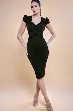 Cap Sleeve Frill Edge Midi Dress - Black by Goddiva