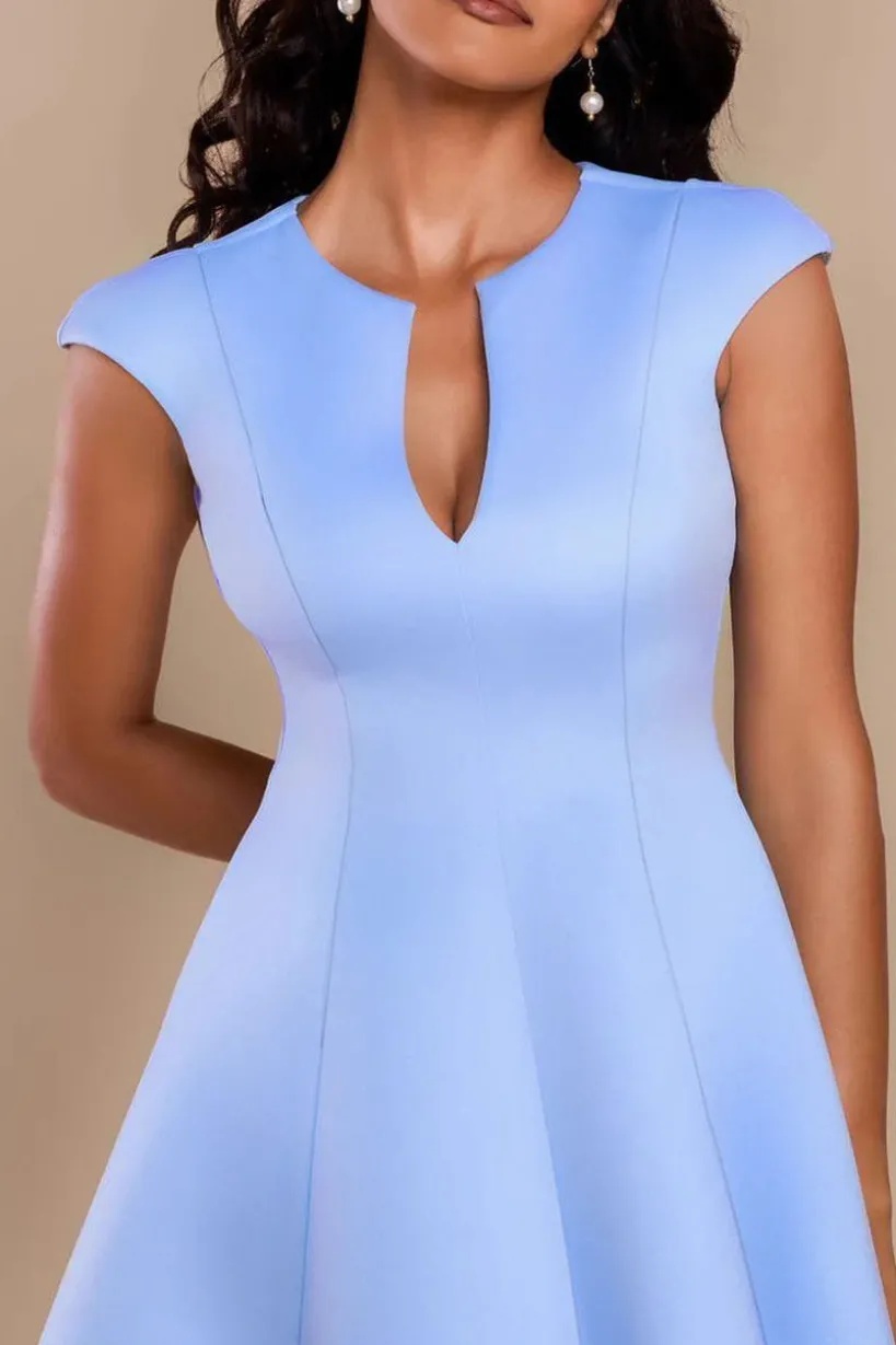 Cap Sleeve Plunging V-Neckline Skater Mini Dress - Light Blue by Goddiva
