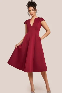 Cap Sleeve Plunging V-Neckline A-line Midi Dress - Wine by Goddiva