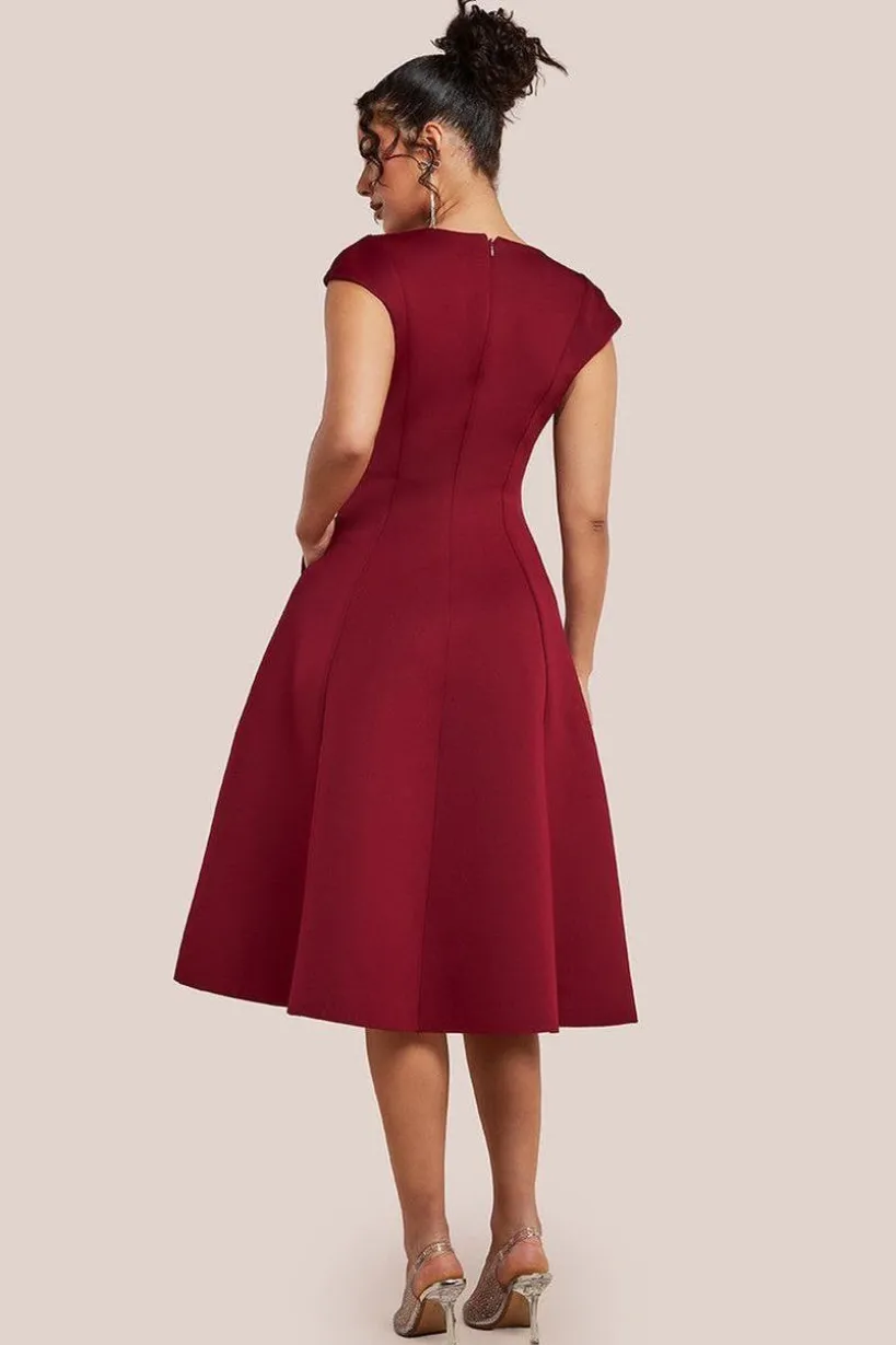 Cap Sleeve Plunging V-Neckline A-line Midi Dress - Wine by Goddiva