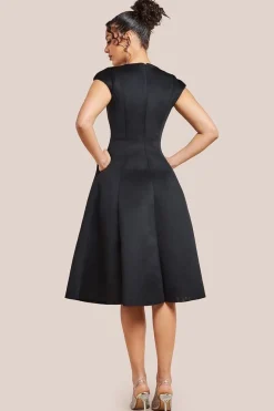 Cap Sleeve Plunging V-Neckline A-line Midi Dress - Black by Goddiva