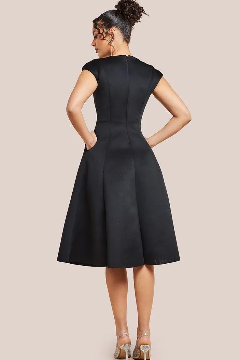 Cap Sleeve Plunging V-Neckline A-line Midi Dress - Black by Goddiva