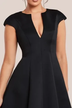 Cap Sleeve Plunging V-Neckline A-line Midi Dress - Black by Goddiva