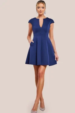 Cap Sleeve Plunging V-Neckline Skater Mini Dress - Navy Blue by Goddiva