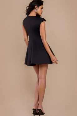 Cap Sleeve Plunging V-Neckline Skater Mini Dress - Black by Goddiva
