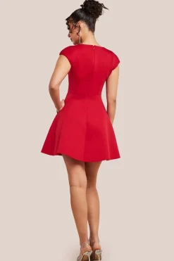 Cap Sleeve Plunging V-Neckline Skater Mini Dress - Red by Goddiva