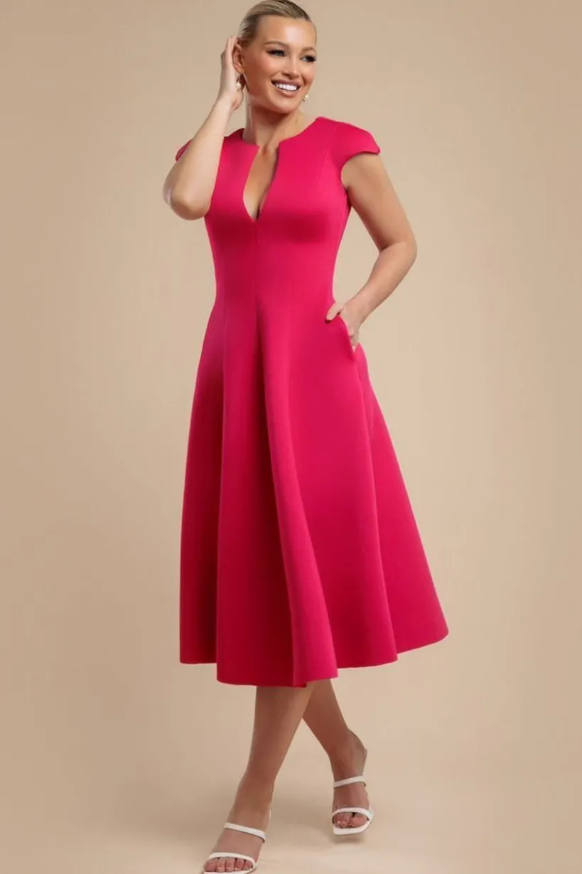 Cap Sleeve Plunging V-Neckline A-line Midi Dress - Magenta by Goddiva