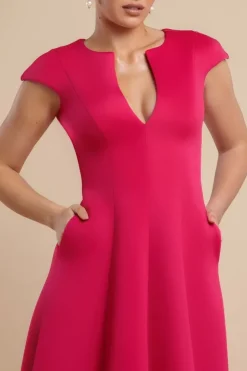 Cap Sleeve Plunging V-Neckline A-line Midi Dress - Magenta by Goddiva