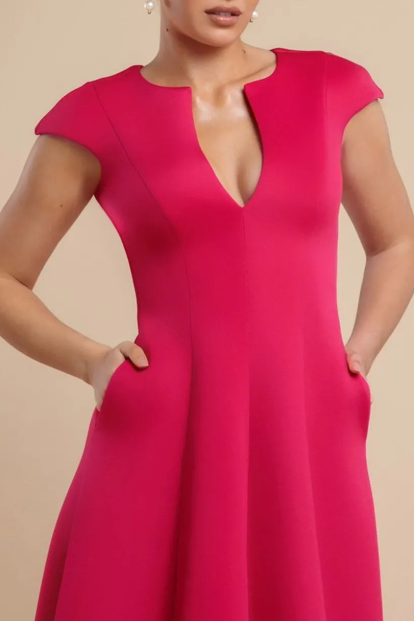Cap Sleeve Plunging V-Neckline A-line Midi Dress - Magenta by Goddiva