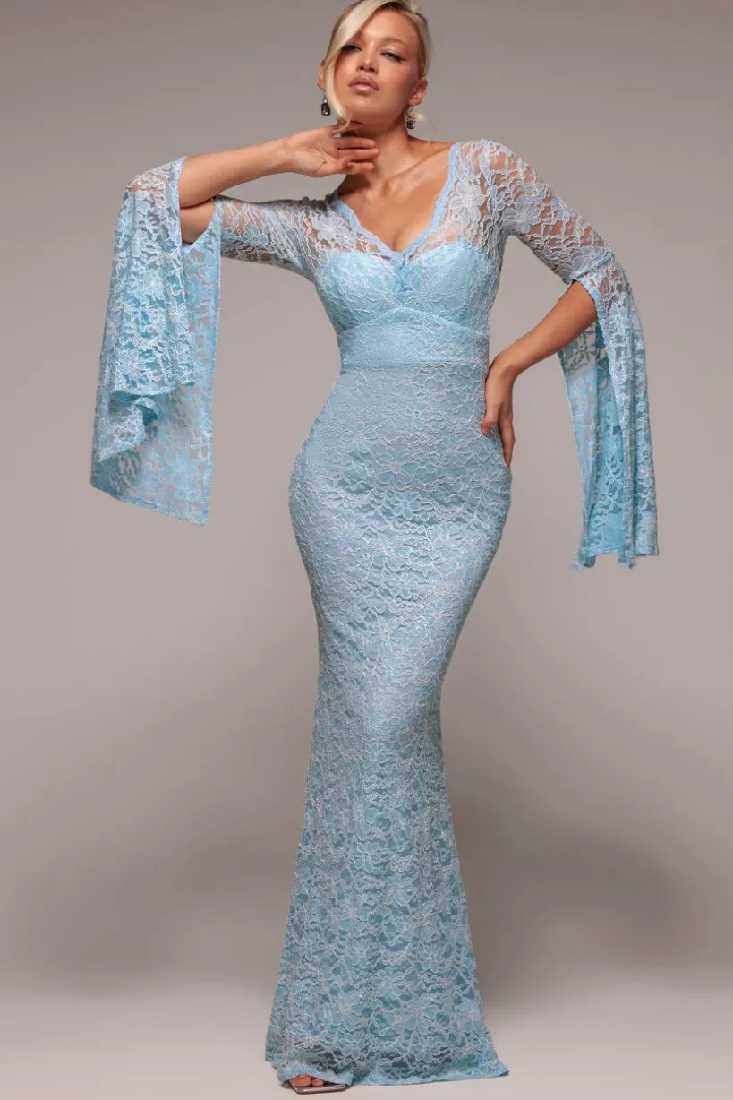 Cape Sleeve Lace Mermaid Hem Maxi Dress - Sky Blue by Goddiva