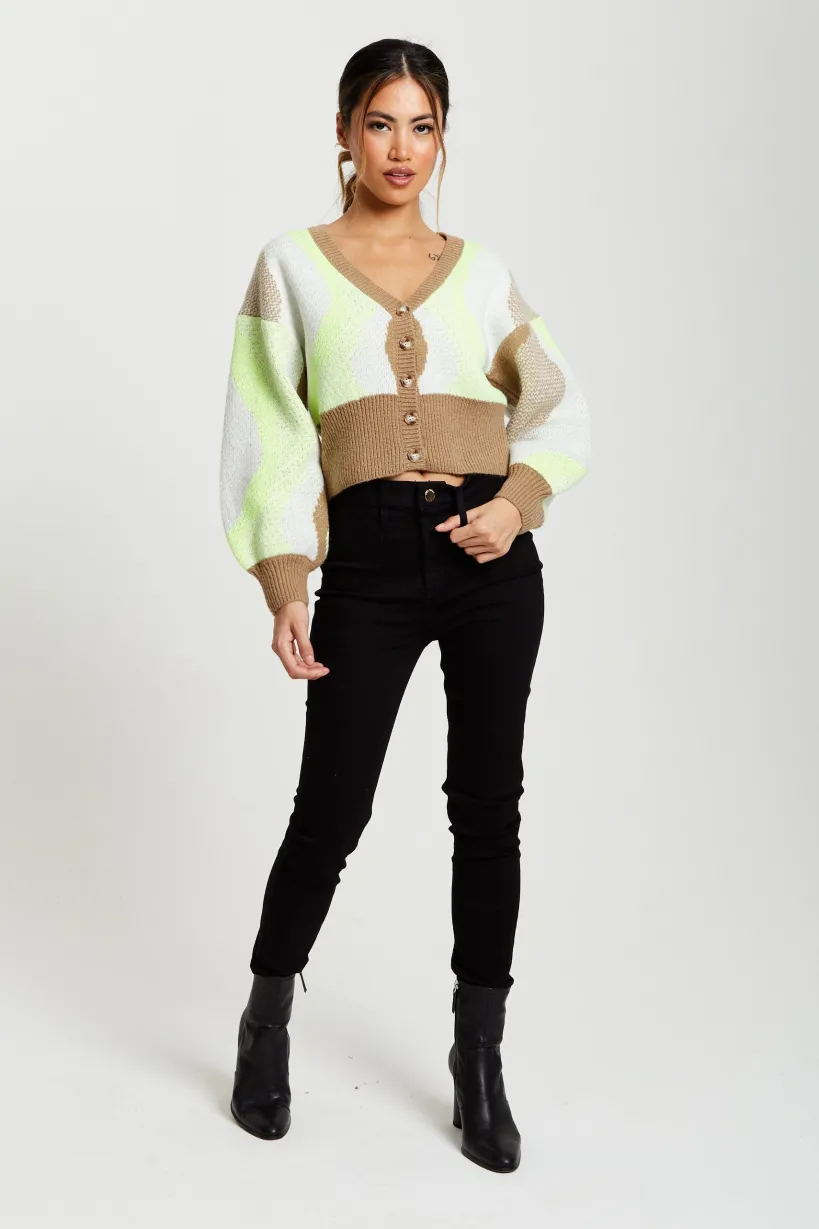 Cardigan In Brown, Green And Cream by Liquorish