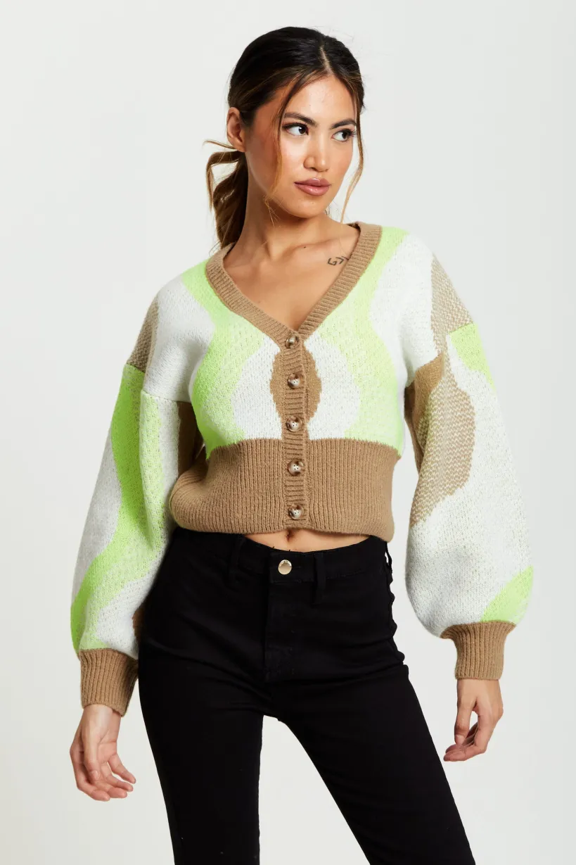 Cardigan In Brown, Green And Cream by Liquorish