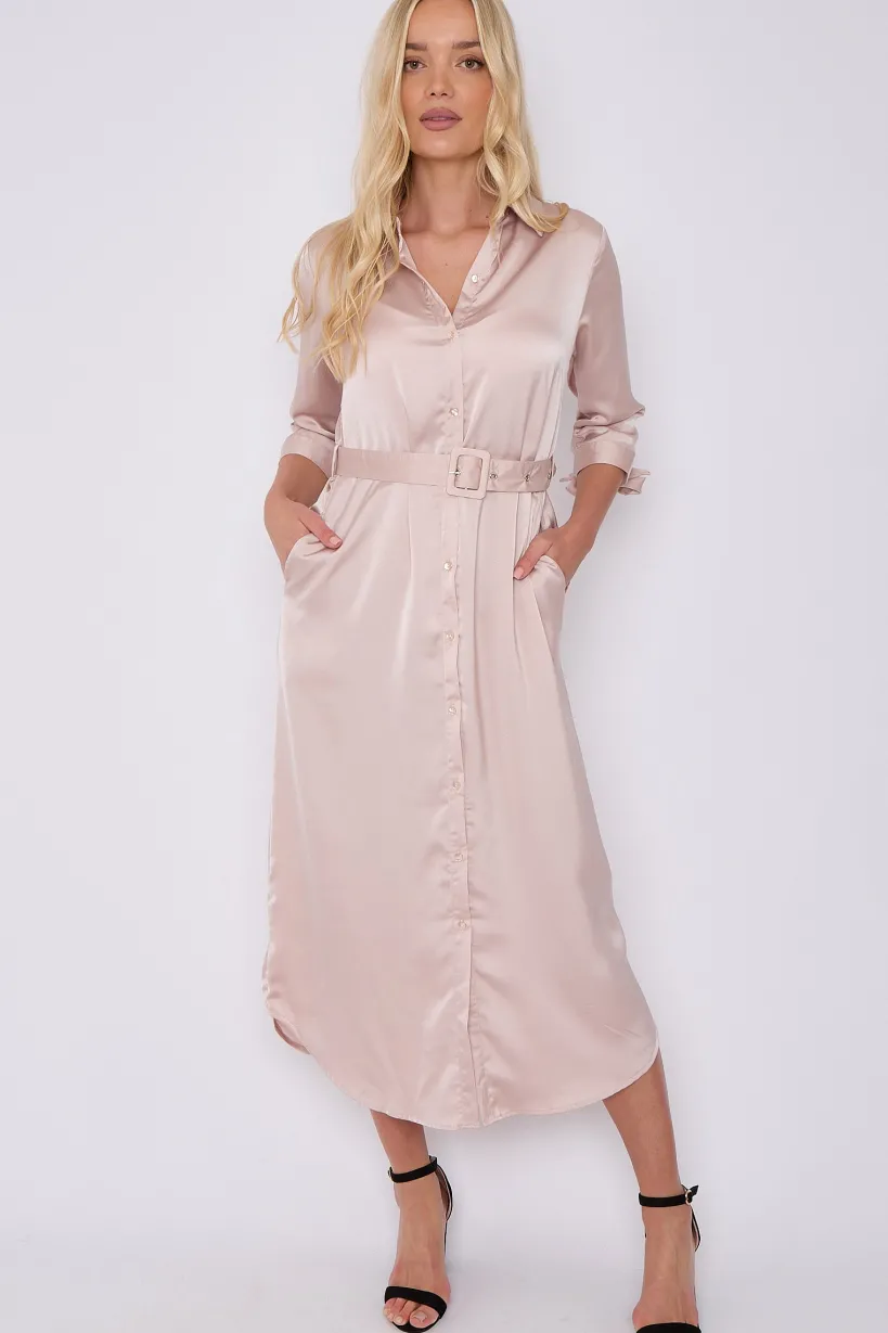 Champagne Half Sleeve Belted Maxi Shirt Dress by LOVE SUNSHINE