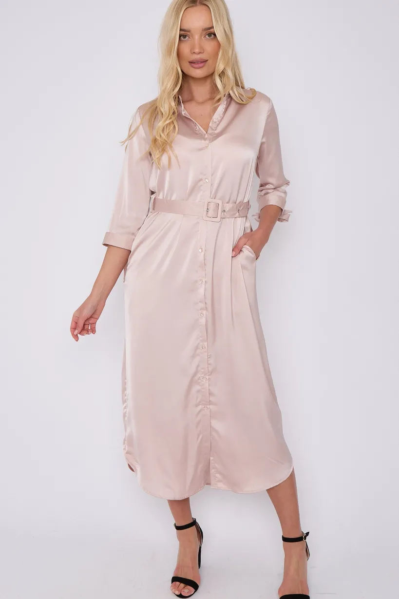 Champagne Half Sleeve Belted Maxi Shirt Dress by LOVE SUNSHINE