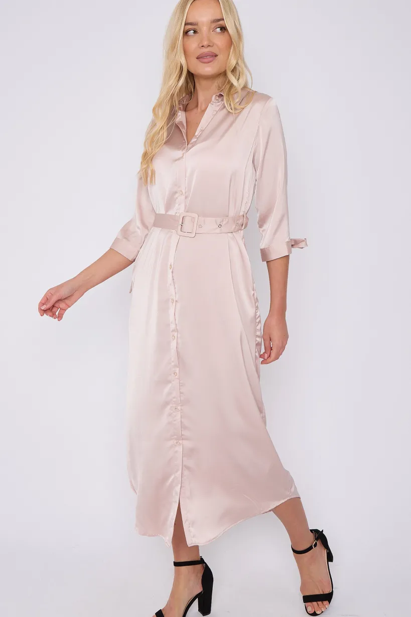 Champagne Half Sleeve Belted Maxi Shirt Dress by LOVE SUNSHINE