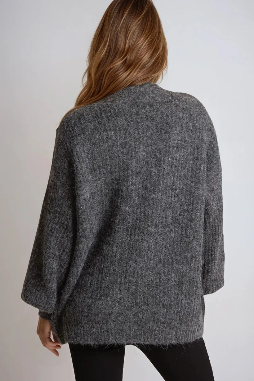 Charcoal Wool Blend Balloon Sleeve Knitted Cardigan by Aftershock London