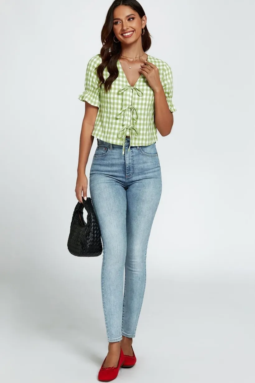 Check Print Tie Front Top In Green by FS Collection