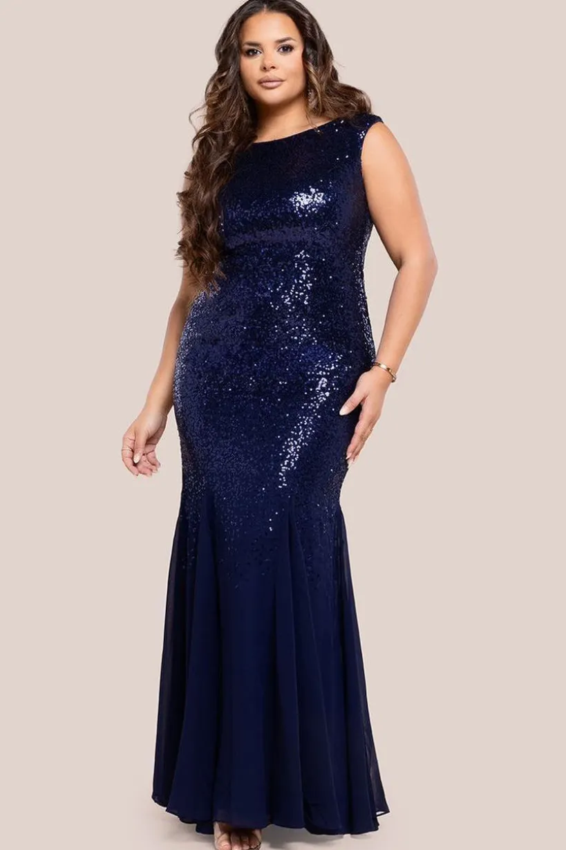 Chiffon & Sequin Embroidered Bardot Maxi Dress - Navy Blue by Goddiva Plus