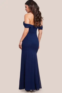 Chiffon Bardot Cowl Neck Maxi Dress - Navy by Goddiva