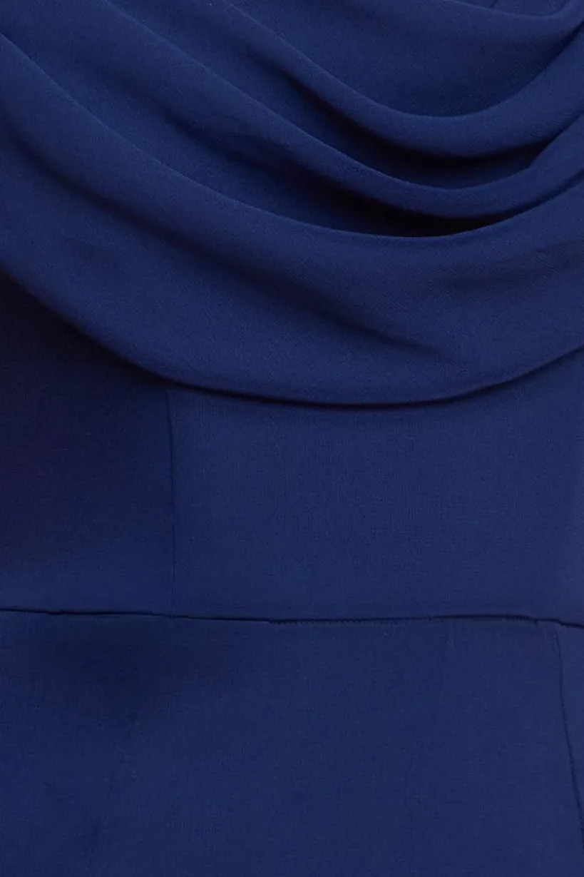 Chiffon Bardot Cowl Neck Maxi Dress - Navy by Goddiva