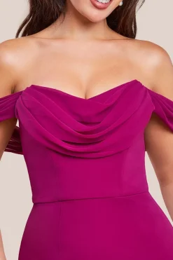 Chiffon Bardot Cowl Neck Maxi Dress - Magenta by Goddiva