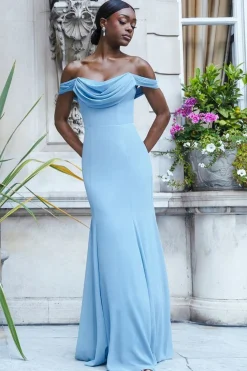Chiffon Bardot Cowl Neck Maxi Dress - Duskyblue by Goddiva