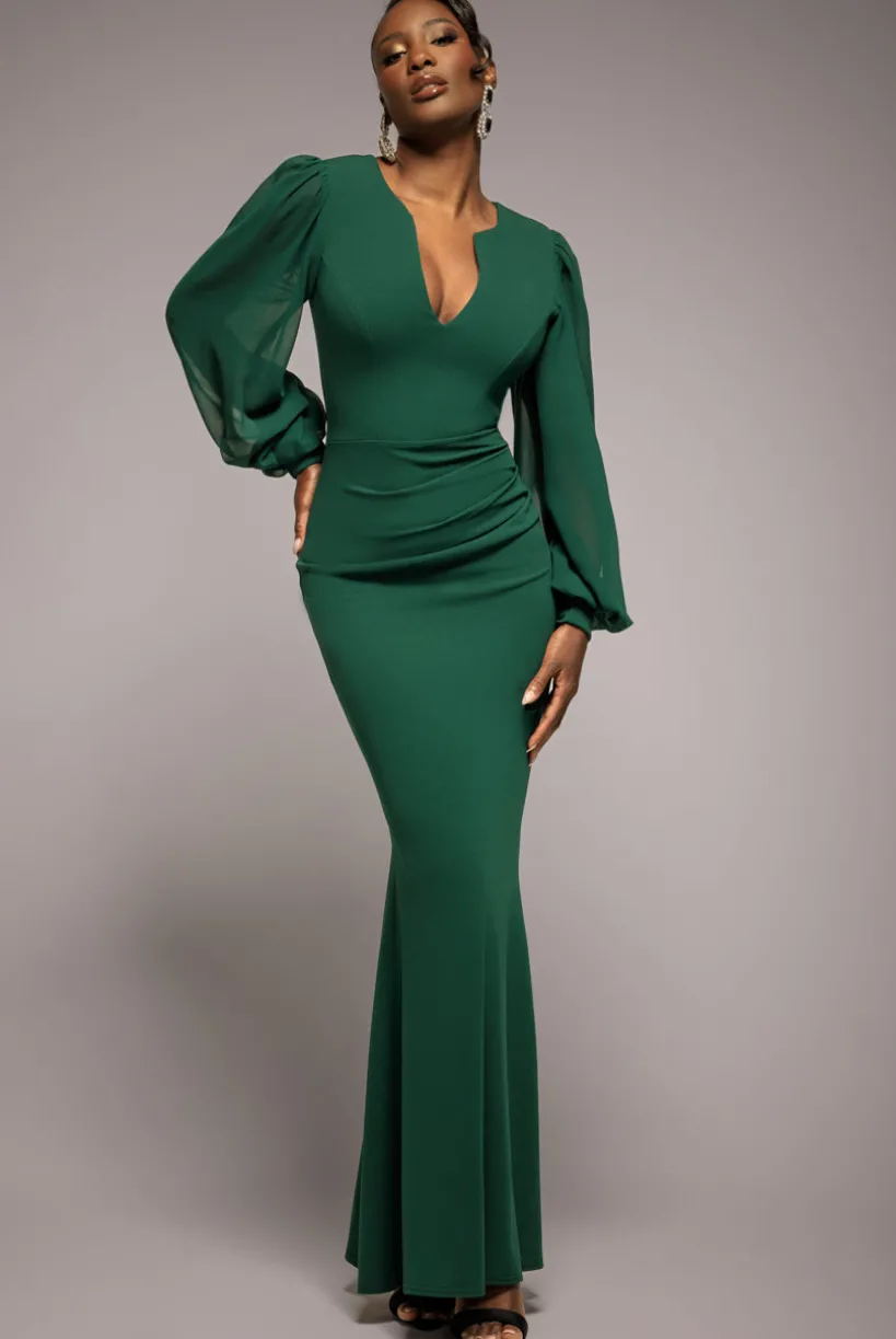 Chiffon Cuffed Balloon Sleeve Scuba Maxi Dress - Emerald Green by Goddiva