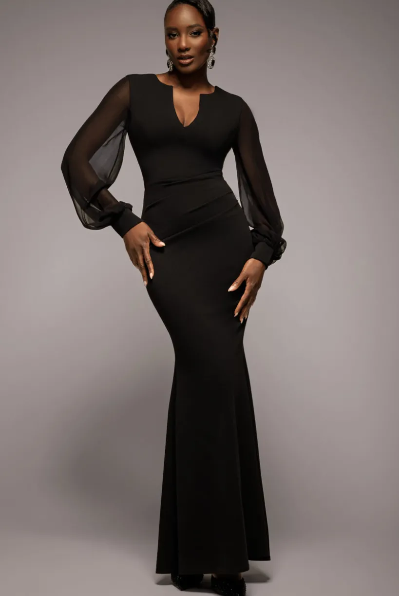Chiffon Cuffed Balloon Sleeve Scuba Maxi Dress - Black by Goddiva