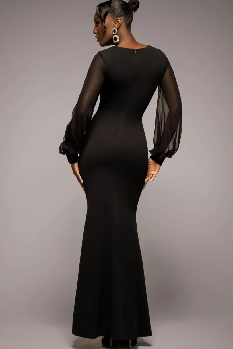 Chiffon Cuffed Balloon Sleeve Scuba Maxi Dress - Black by Goddiva