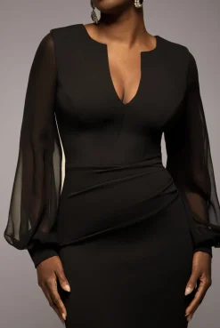 Chiffon Cuffed Balloon Sleeve Scuba Maxi Dress - Black by Goddiva