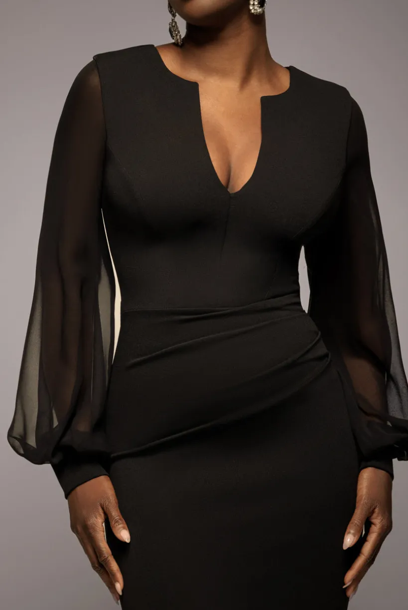 Chiffon Cuffed Balloon Sleeve Scuba Maxi Dress - Black by Goddiva