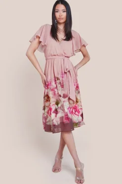 Chiffon Floral Border Print Midi Dress - Blush by Goddiva